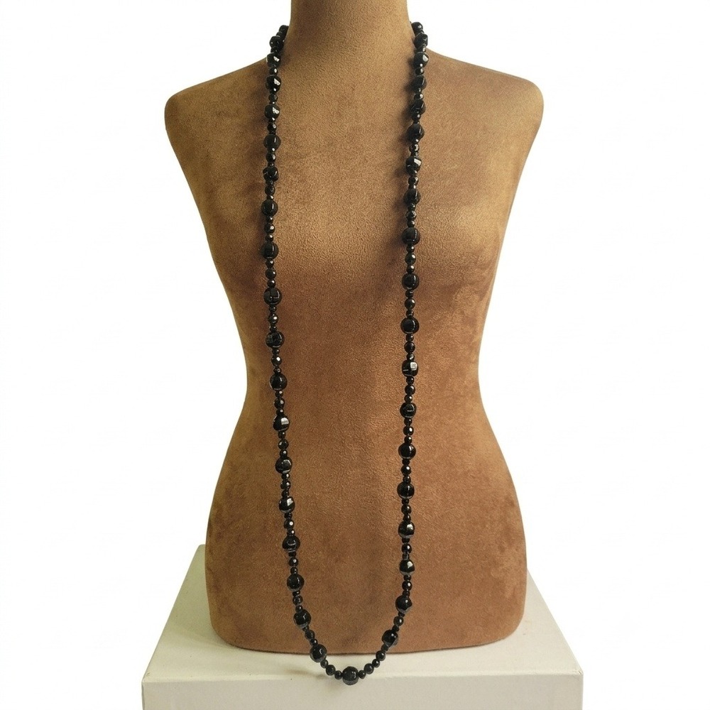 Vintage French Black Jet Glass Beaded Long Strand Flapper Necklace 48 Inch Goth
